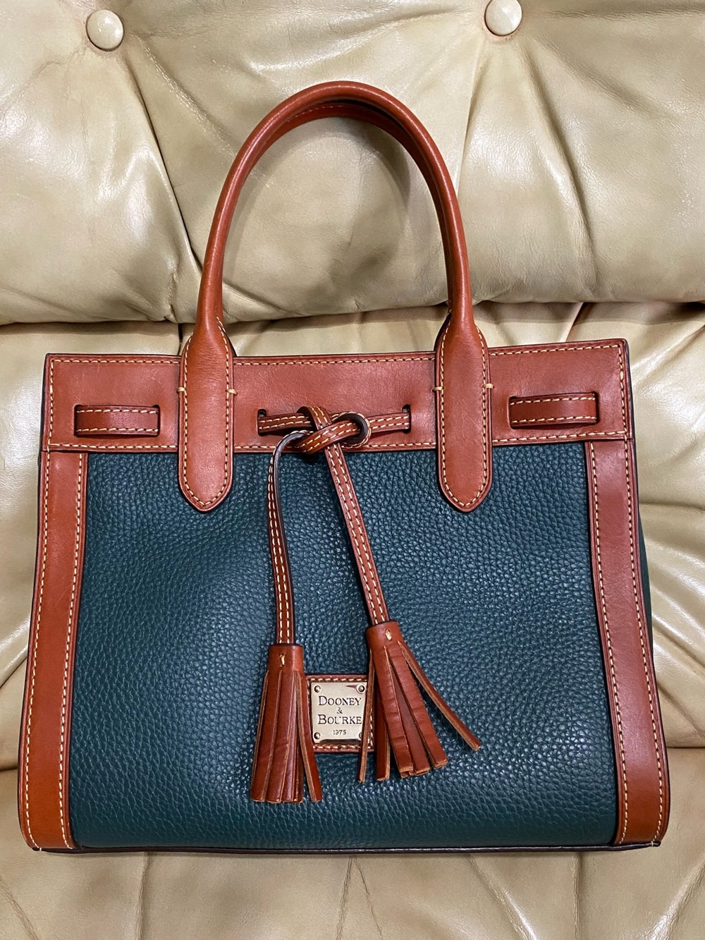 Dooney & Bourke Teal/Forest Green Top Handle Satchel w/Tassels Pebbled Leather